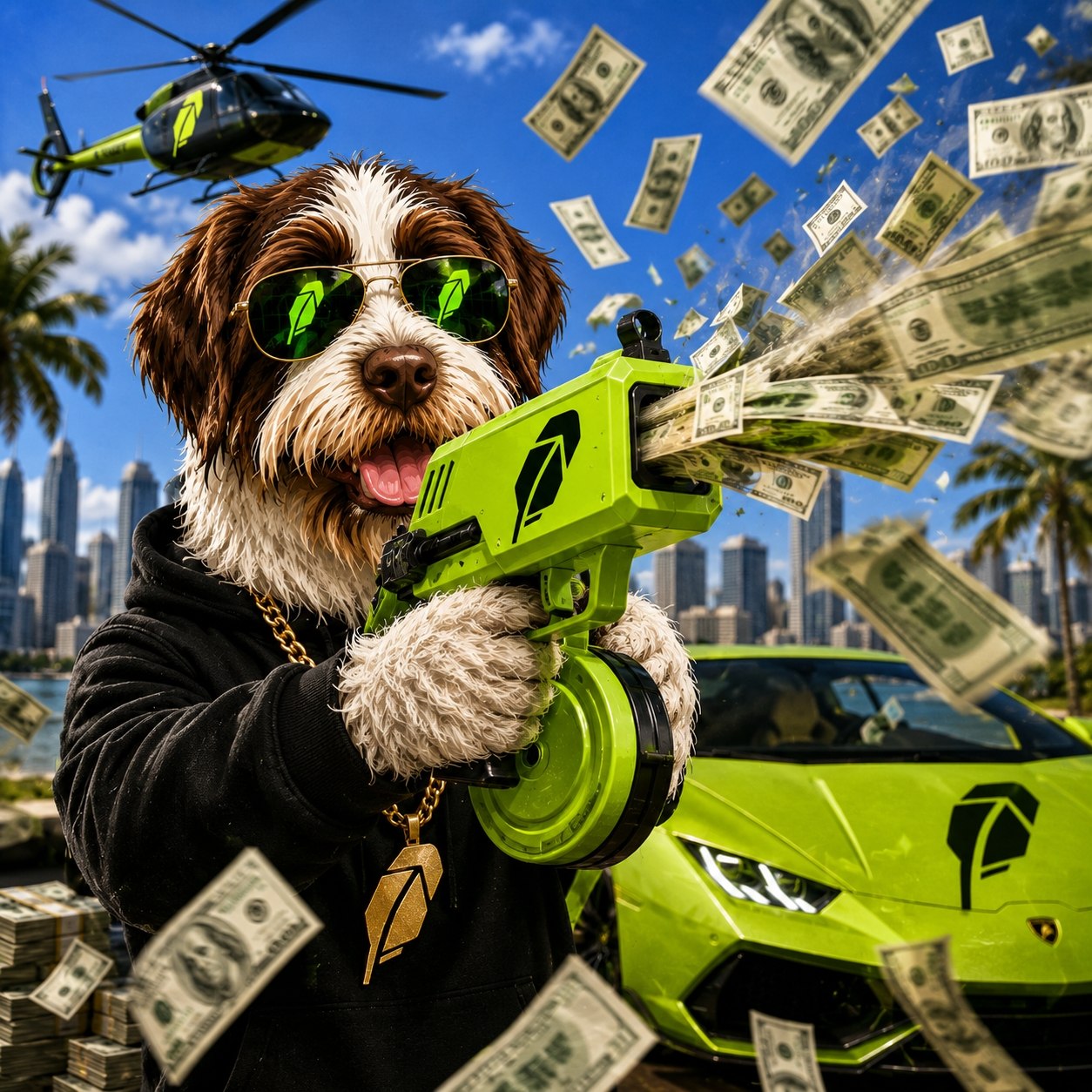 Nash with a money gun beside a green sports car